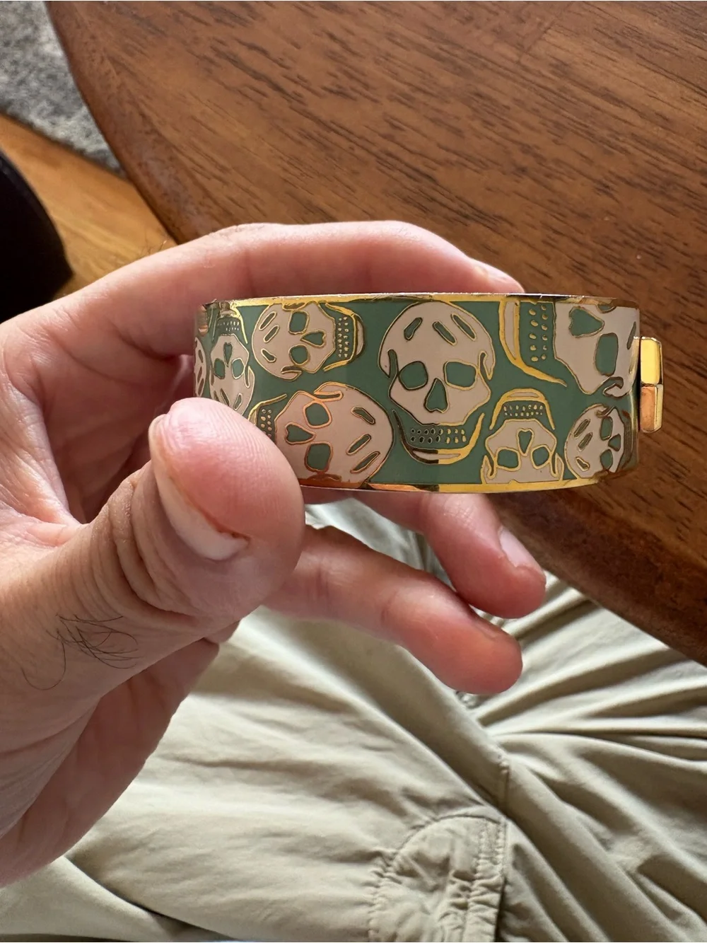 Alexander McQueen green and gold enamel skull wide hinged bangle cuff bracelet